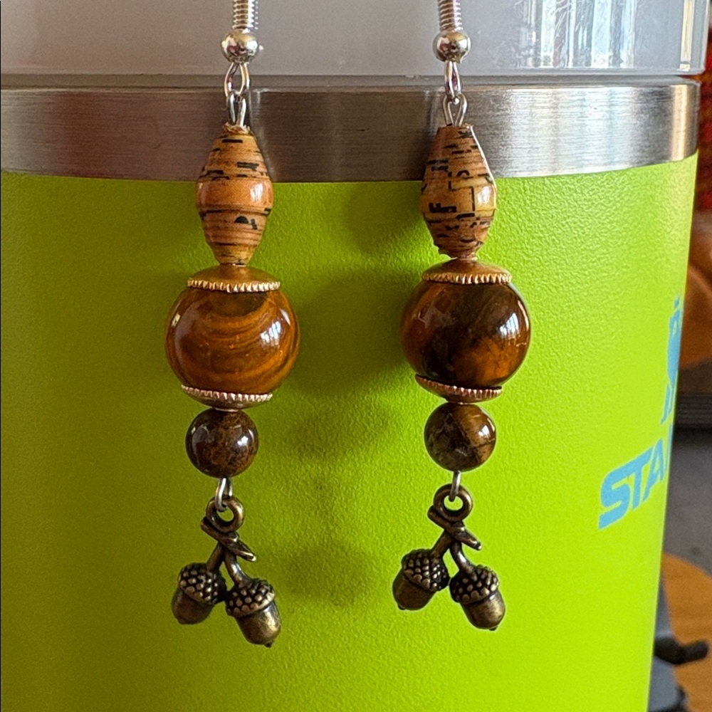 Fall colored Beaded Earrings with Acorn Charms